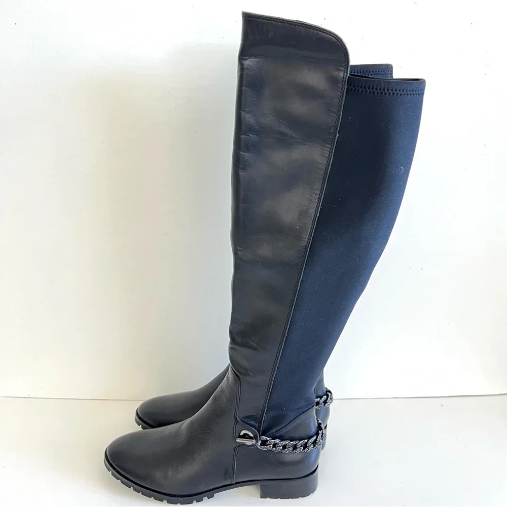 KARL LAGERFELD Paris Shay Leather Textile Chain Over-The-Knee Boots Sz 8 M NWOB
